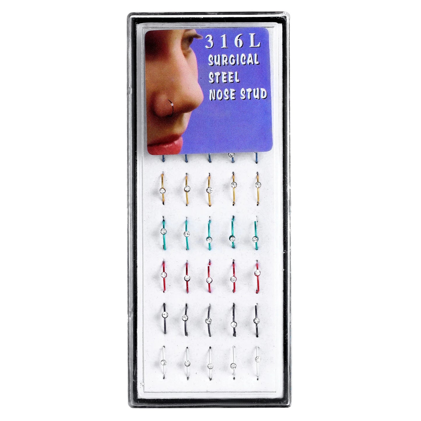 24pcs Crystal Nose Ring & Studs Body Women Girl Jewelry Stainless Surgical Steel Nose Piercing Colorful Rhinestone