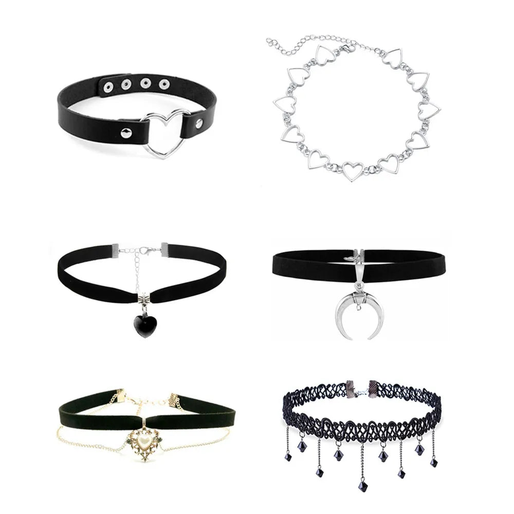 Mixed Hollow Black Leather Velvet Choker Necklace Layer Chockers Vintage Gothic Jewelry Goth Necklace for Women Collier Femme