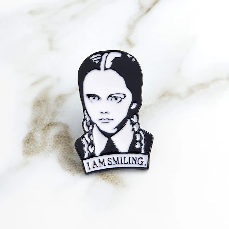 Adams Family Brooch I Am Smiling Wednesday Enamel Pin Hard Lapel Pins Figure Girl Broche Jewelry Accessories Punk Fun