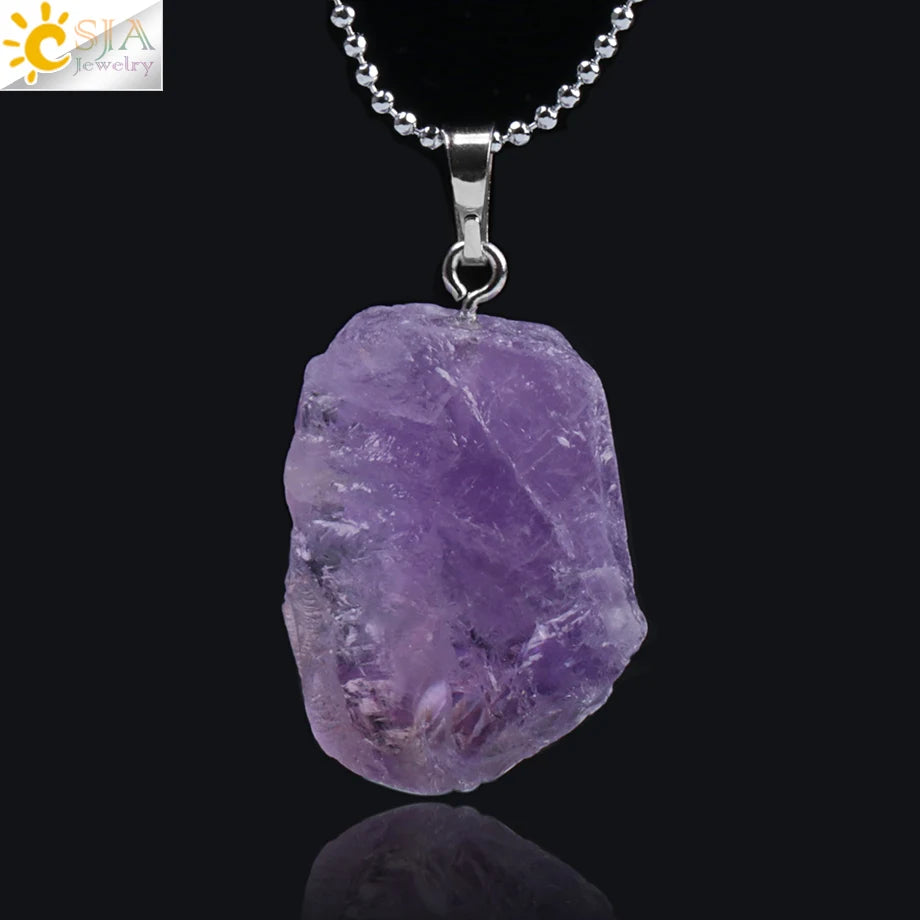 CSJA Natural Stones Gems Clear Crystal Pendants Necklaces Reiki Healing Irregular White Yellow Purple Pink Quartz Pendulum F070