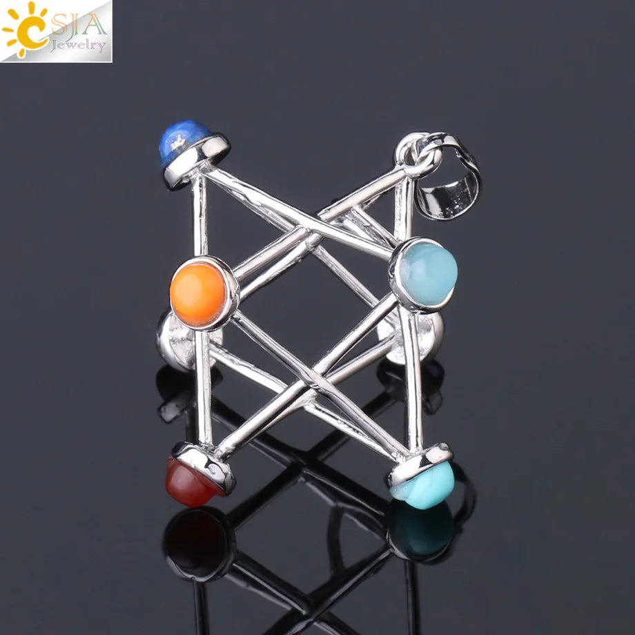 CSJA Merkaba Chakras Pendants Natural Stone Reiki 7 Chakra Necklaces Healing Hollow Star Point Women Men Necklace Pendulo F766