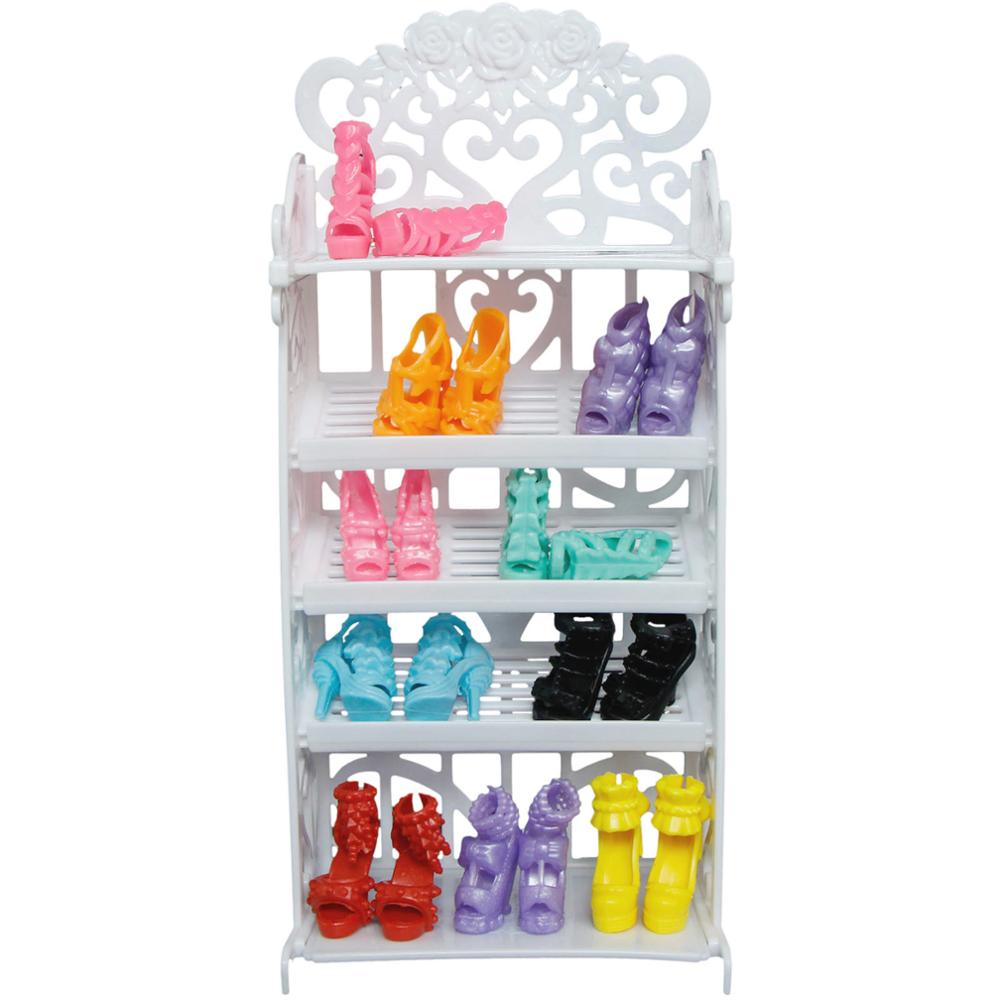 1x Plastic White Doll Shoes Rack / Random 12 Pairs Shoes Dollhouse Furniture Accessories for Barbie Doll Kids Toy