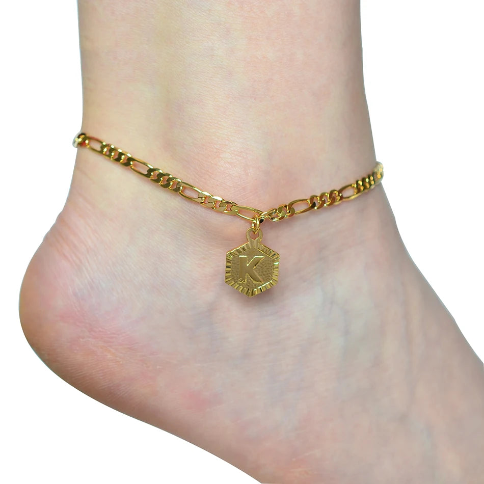 Anniyo 21cm + 10cm Extender Chain / A-Z Initial Letter Anklet for Women Alphabet Jewelry Foot Chain Girl #105906