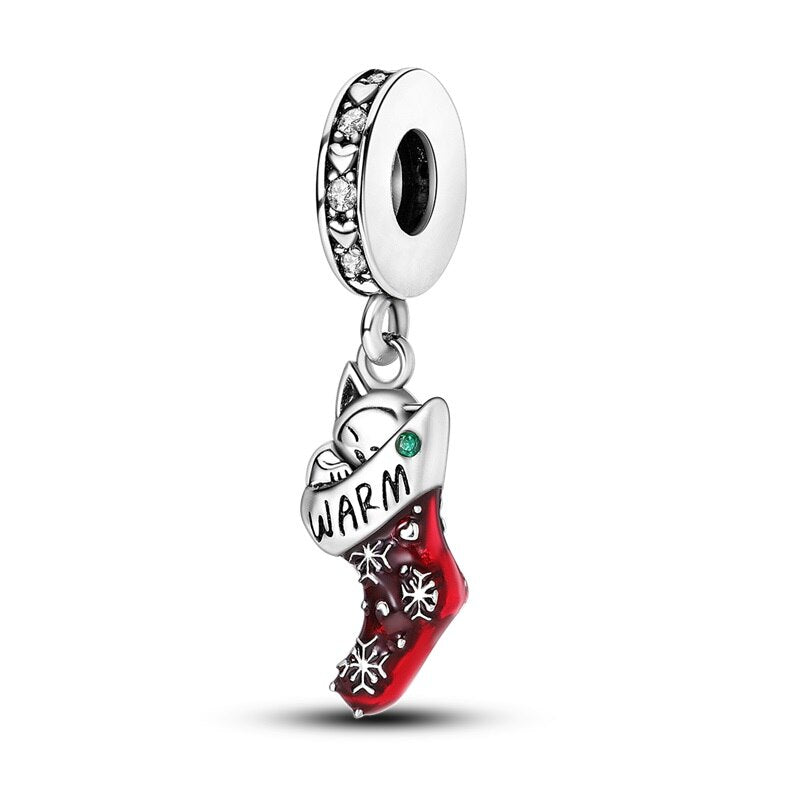 Christmas Plata De Ley 925 New in Red Socks Santa Charm Christmas Tree Beads for Pandora 925 Bracelet Necklace Christmas Jewelry