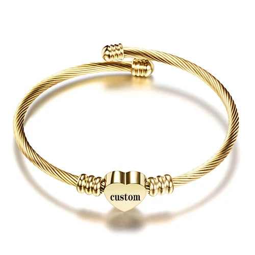 Girls Gold Color Stainless Steel Heart Bracelet Bangle With Letter Initial Alphabet Charms Bracelets for Women