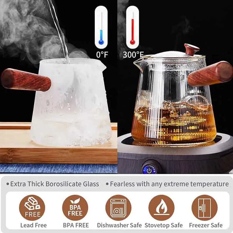 YMEEI Glass Teapot With Removable Clear Infuser Sandal Wood Handle Stove & Micro