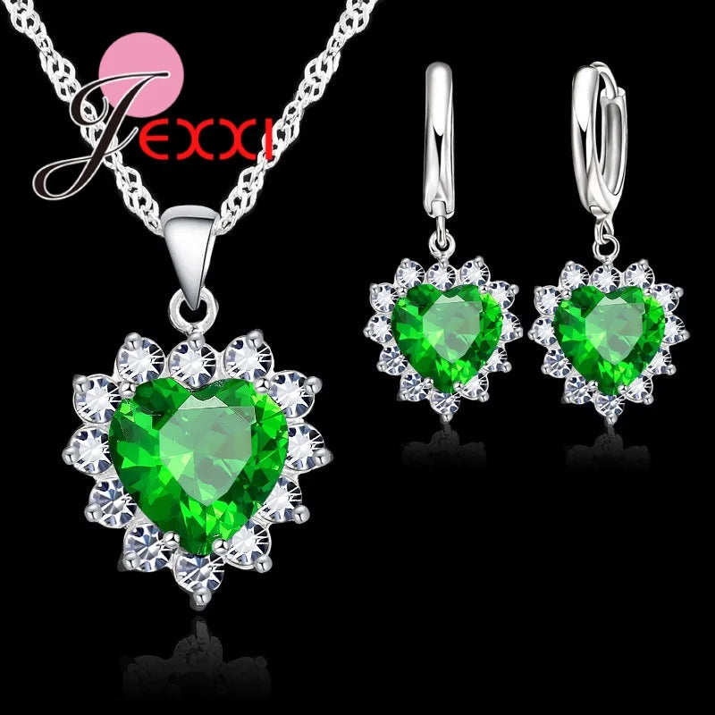 Fashion Heart Shaped Crystal Pendant 925 Sterling Silver Necklace Loop Earring Wedding Jewelry Sets Blue Zircon Accessory