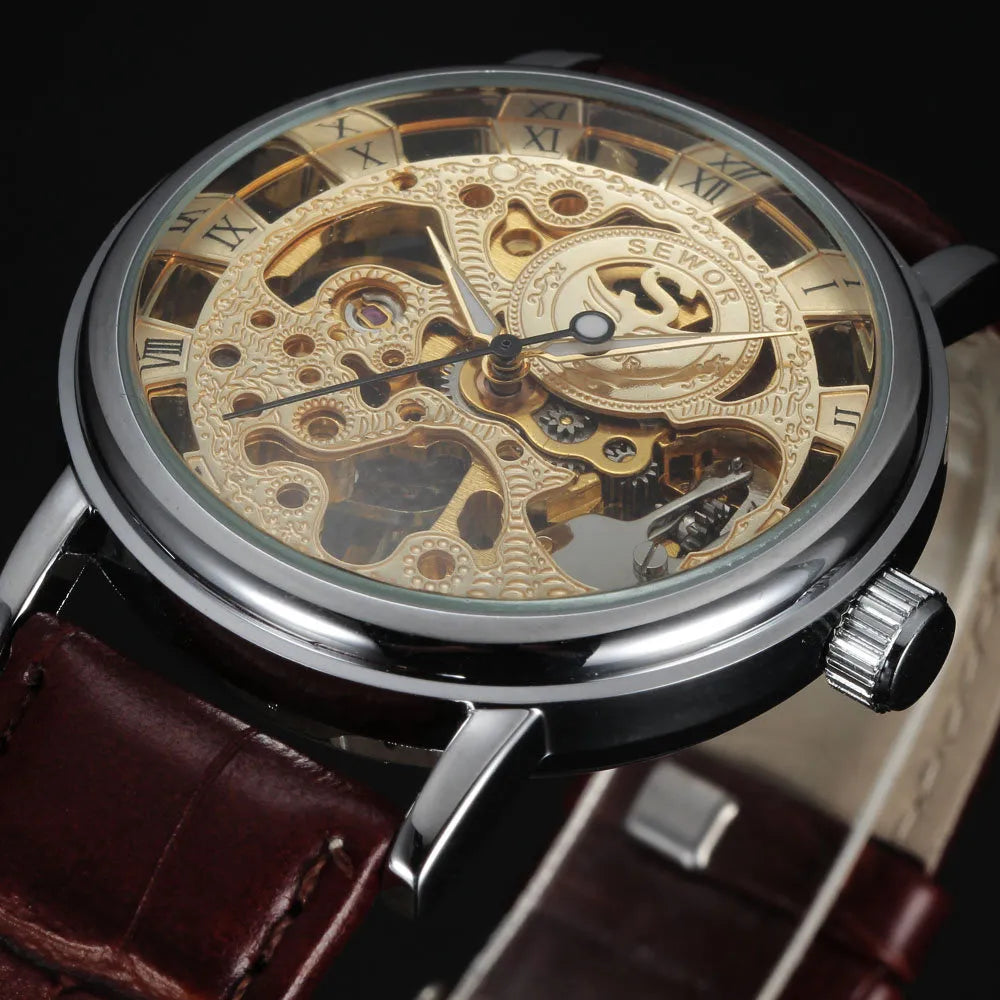 Casual New Fashion SEWOR Brand Skeleton Men Male Military Army Clock Classic Luxury Gold Mechanical Hand Wind Wrist Watch