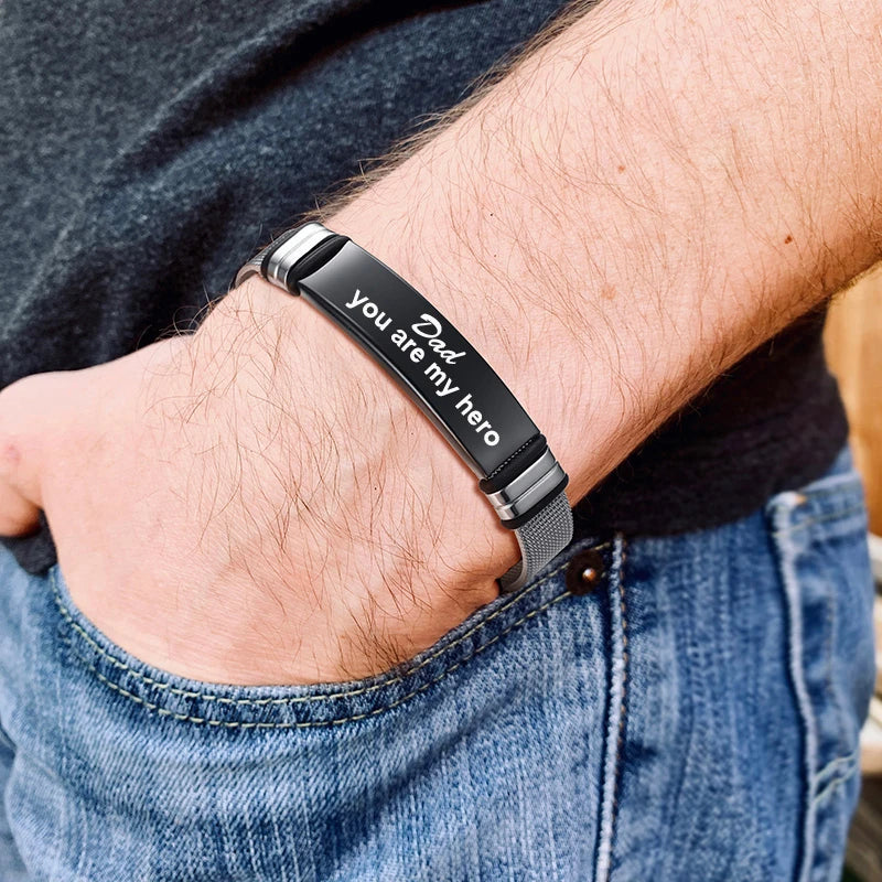 Meaeguet Personalized Bangle Men's Slide Mesh Bracelet Customized Name Wristband Stainless Steel Male Bileklik Pulseira