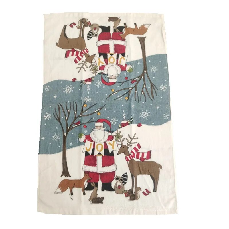 1Pc 41x65cm Christmas Snowman Santa Claus Tree Printed Cotton Kitchen Dishcloth Tea Towel Xmas Party