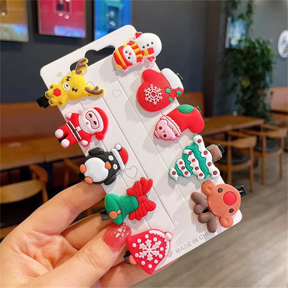 10pcs Cute Christmas Hair Clips Set Classic Xmas Tree Santa Claus Reindeer Pattern Alligator Pins for Baby Girls Bangs Barrettes