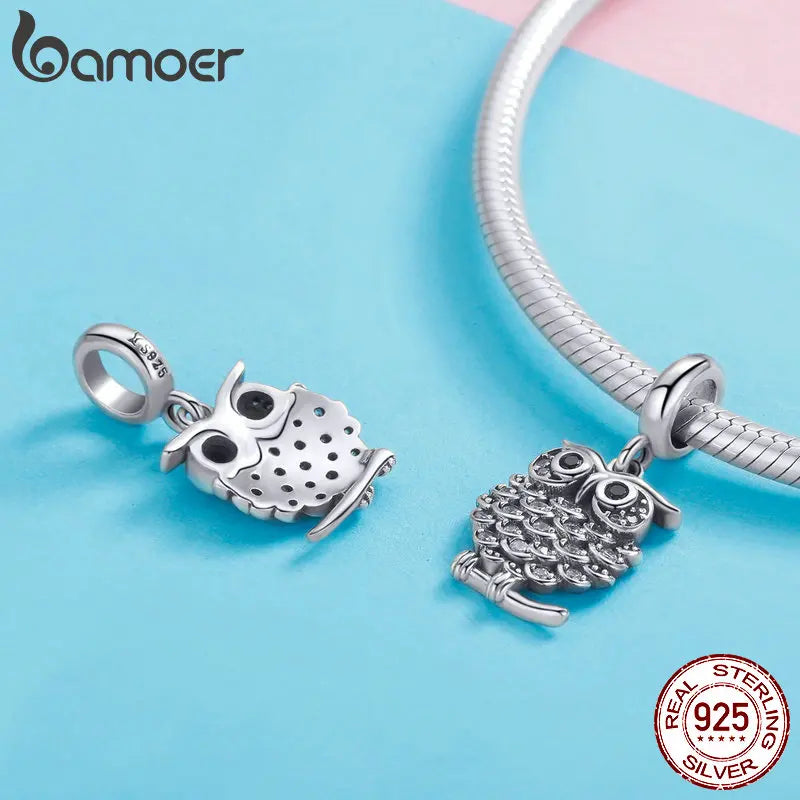 BAMOER Authentic 925 Sterling Silver Crystal Owl Lovely Animal Shape Beads Charm Fit Bracelet & Bangles Jewelry Making SCC949