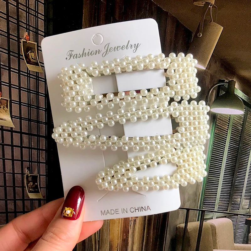 Korean Simulated Pearl Barrettes Beaded Geometric Women Hair Clip Hairgrips Hair Accessories Girls Jewelry Hair Pins