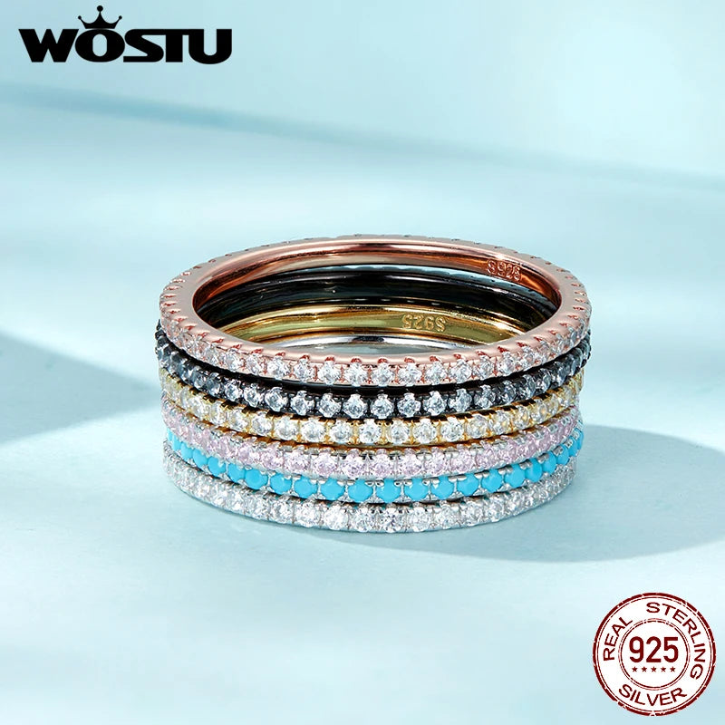WOSTU 925 Sterling Silver Simple Geometric Round Single Stackable Finger Rings for Women Engagement Jewelry CQR066