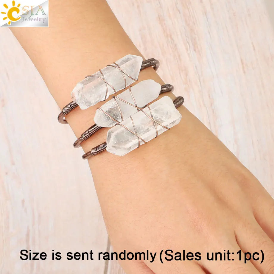 CSJA Natural Stone Clear Quartz Bangles Open Cuff Bracelet Wire Wrap Irregular Crystal Stones Copper Bangle Female Jewelry G168