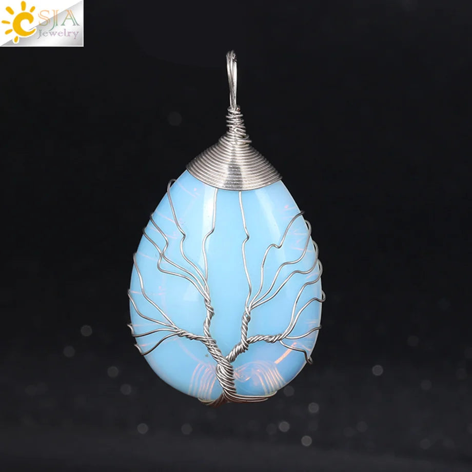 CSJA Natural Stone Pink Quartz Necklace & Pendant Silver-Color Tree of Life Wire Wrapped Water Drop Shape for Women Jewelry F122