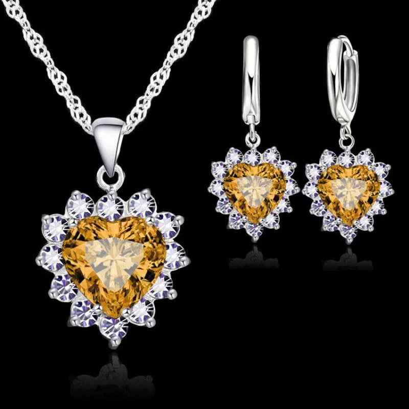Fashion Heart Shaped Crystal Pendant 925 Sterling Silver Necklace Loop Earring Wedding Jewelry Sets Blue Zircon Accessory