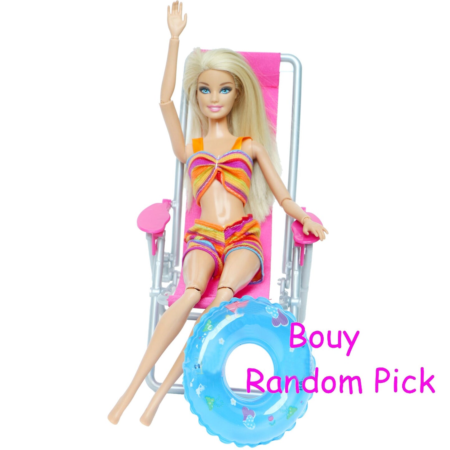 3 Pcs/Lot = 1x Swimsuit Bikini + 1x Random Swimming Buoy Lifebelt Ring +1x Pink Foldable Beach Chair Accessories for Barbie Doll