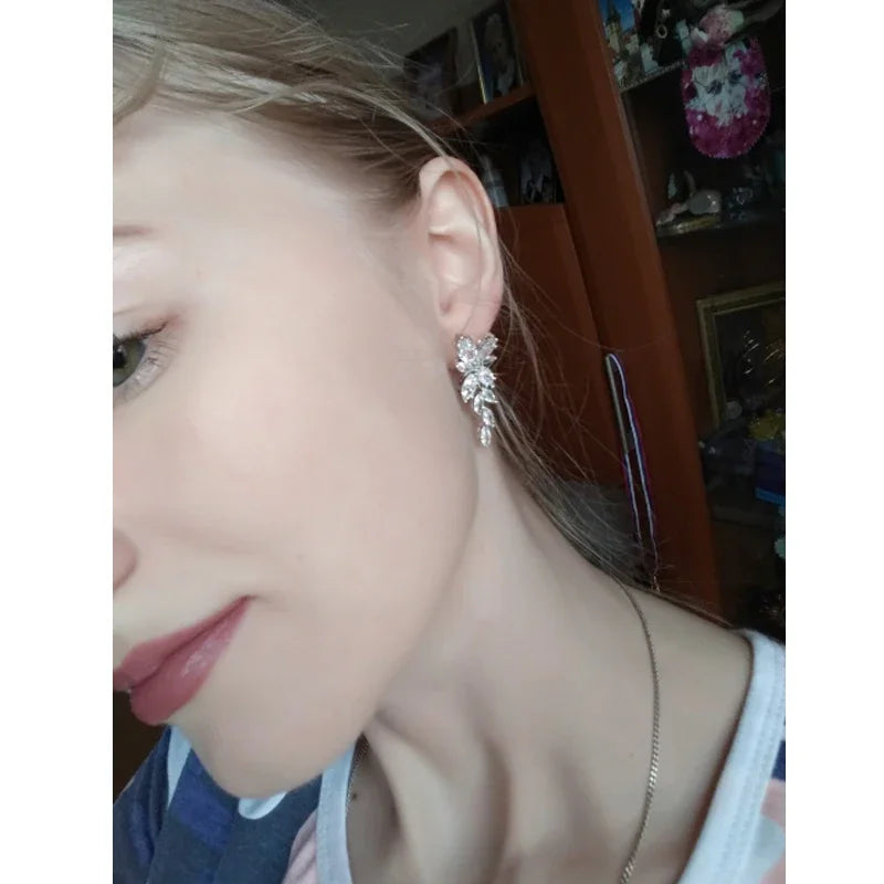 LXOEN Marquise Cut Flower Zirconia Crystal Long Drop Earrings for Women Shiny Leaf CZ Stone Bridal Wedding Jewelry
