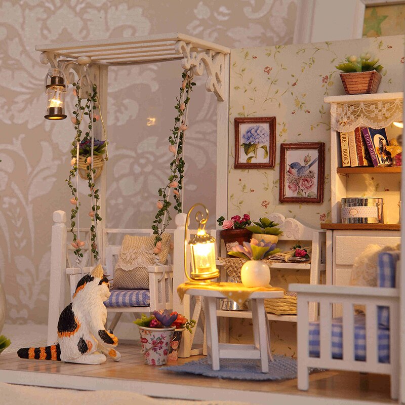 Doll House Furniture Diy Miniature 3D Wooden Miniaturas Dollhouse Toys for Children Birthday Casa Kitten Diary H013
