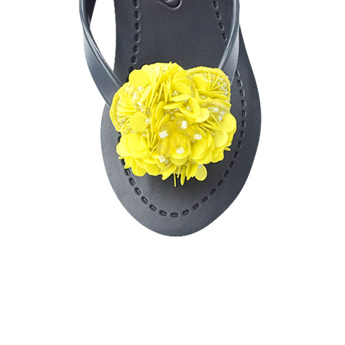 Noho Yellow Flower - Sequence Embellished Women's High Wedge Flip Flops