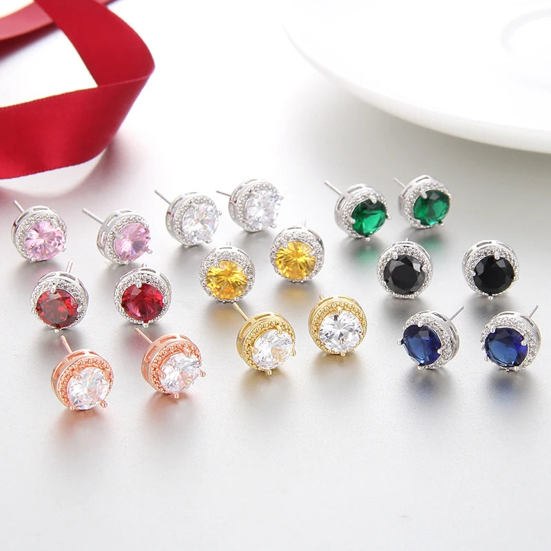 Classic Green AAA Cubic Zirconia Stud Earrings Round Crystal Girl Ear Studs for Women Multicolor Jewelry Brincos AE176