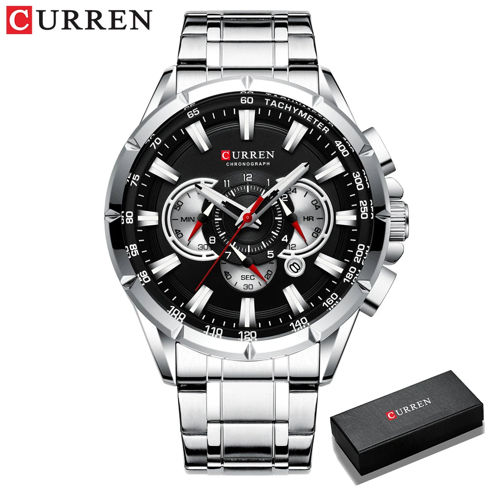 CURREN Luxury Casual Mens Watches Quartz Sports Chronograph Wristwatch Male Stainless Steel Luminous Hands Clock