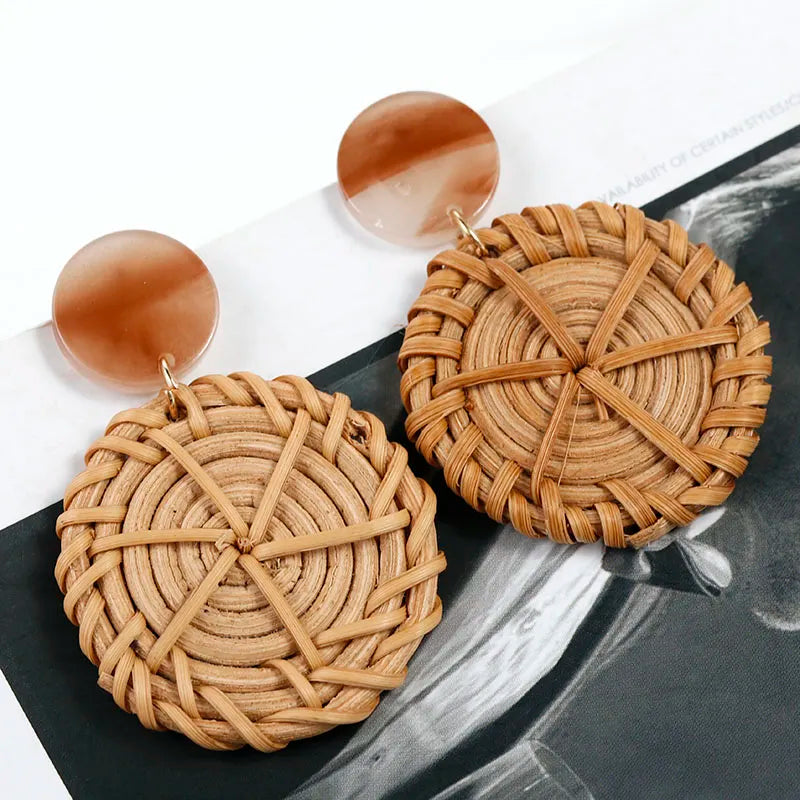 AENSOA Multiple 27 Style Korea Handmade Wooden Straw Weave Rattan Vine Braid Drop Earrings New Geometric Long Earrings