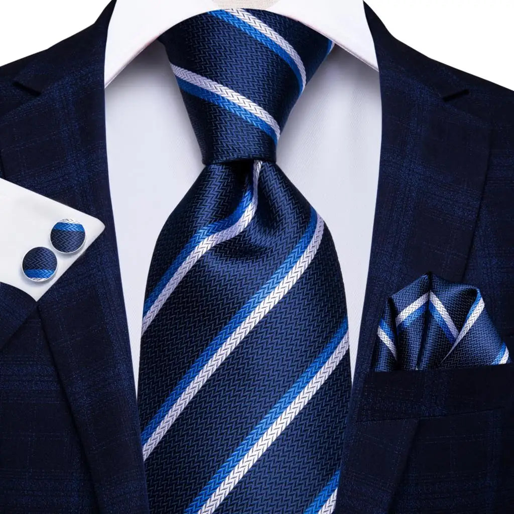 Business Tie for Men Silk Blue Tie Dots Necktie Set Plaid Cufflinks for Wedding Business Tie 150cm Hi-Tie SN-3529