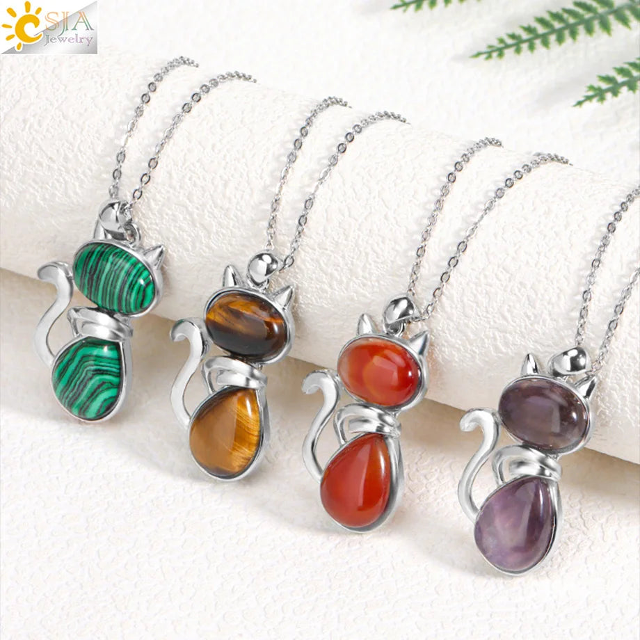 CSJA Reiki Natural Stone Necklaces Pink Quartz Pendants for Women Girl Cute Cat Shape Rock Black Onyx Beads Chain Jewelry F066
