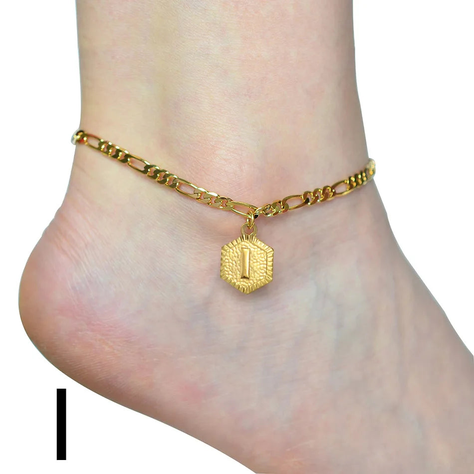 Anniyo 21cm + 10cm Extender Chain / A-Z Initial Letter Anklet for Women Alphabet Jewelry Foot Chain Girl #105906