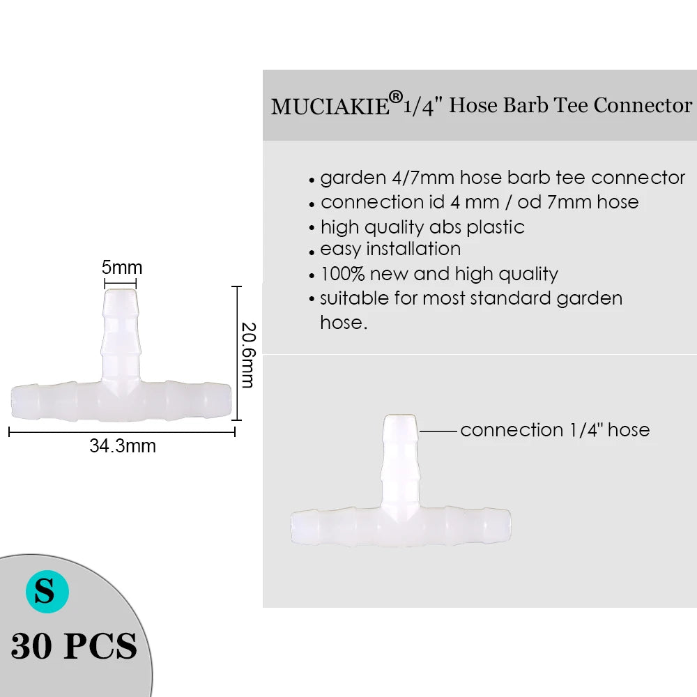 MUCIAKIE Sprinkler Irrigation 1/4 Inch Barb Tee Single Double Barb Barbed Water Pipe Connectors for 4/7mm Hose Garden Fitting