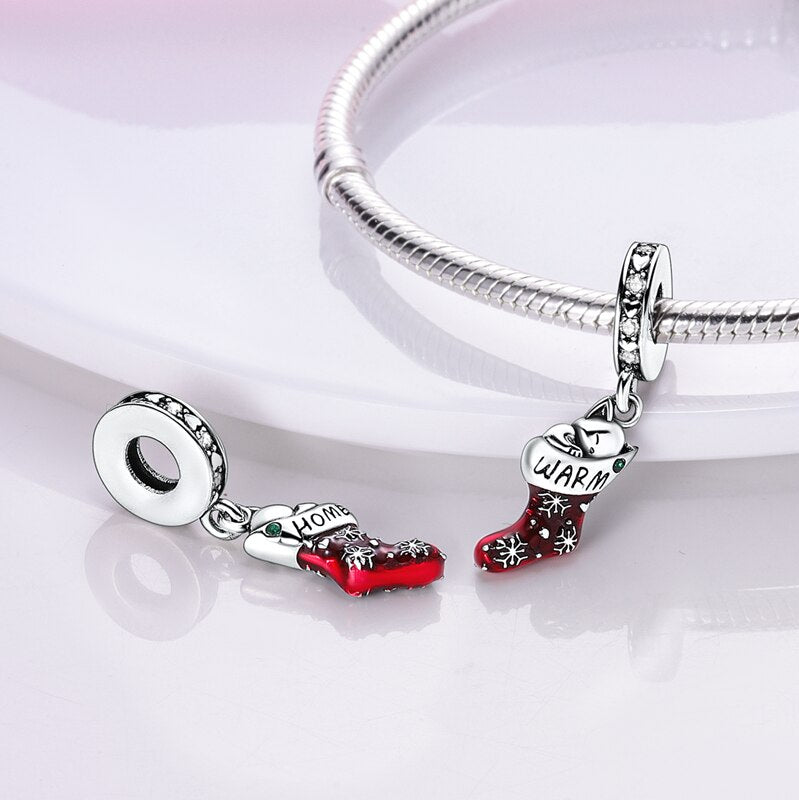 Christmas Plata De Ley 925 New in Red Socks Santa Charm Christmas Tree Beads for Pandora 925 Bracelet Necklace Christmas Jewelry