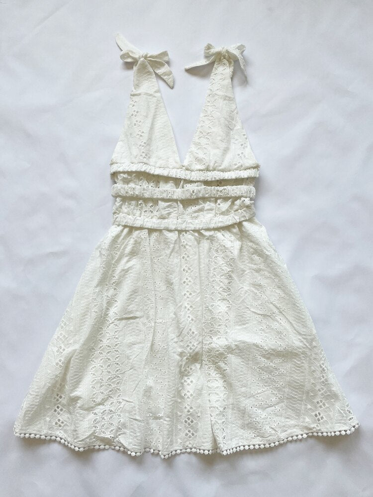 Foridol Bowknot Lace Up Shoulder Hollow Out White Lace Dress Double v Neck Sleeveless Casual Beach Summer Dress Women New