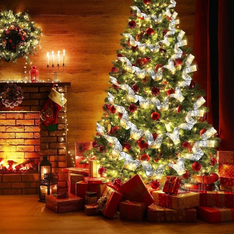 Christmas Decoration LED Ribbon Fairy Lights Christmas Tree Ornaments for Home 2023 DIY Bows Light String Navidad New Year 2024
