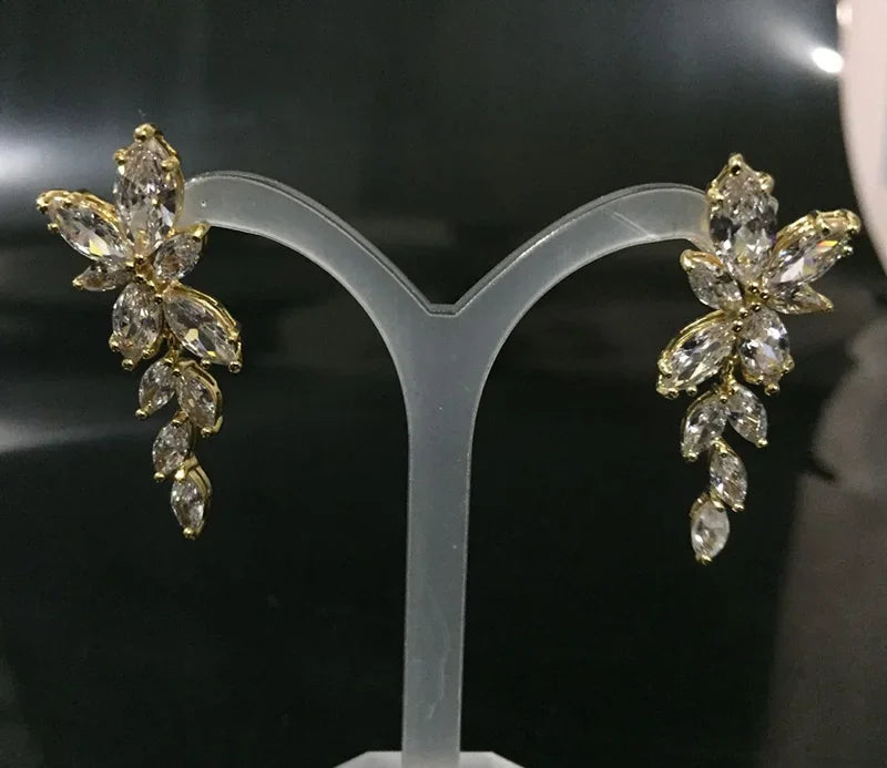 LXOEN Marquise Cut Flower Zirconia Crystal Long Drop Earrings for Women Shiny Leaf CZ Stone Bridal Wedding Jewelry