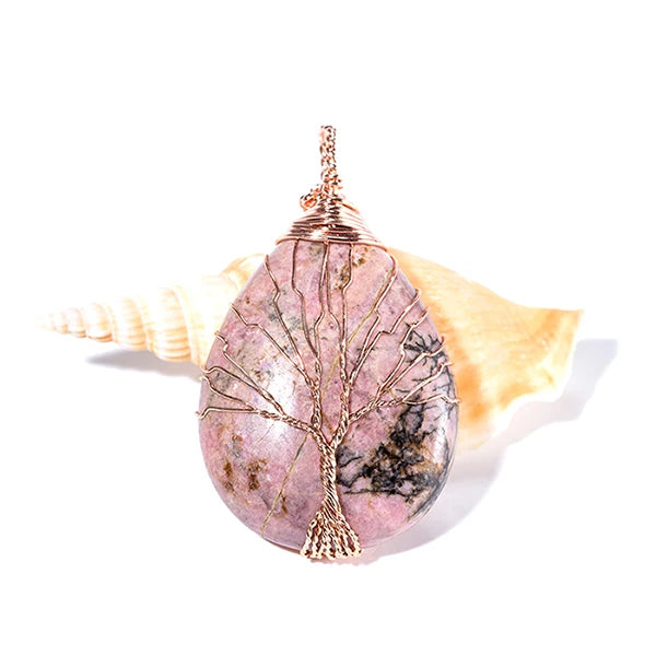 Natural Purple Quartz Opal Stone Pendants Handmade Rose Gold Color Tree of Life Wrapped Drop Shaped Crystal Pendant Necklace