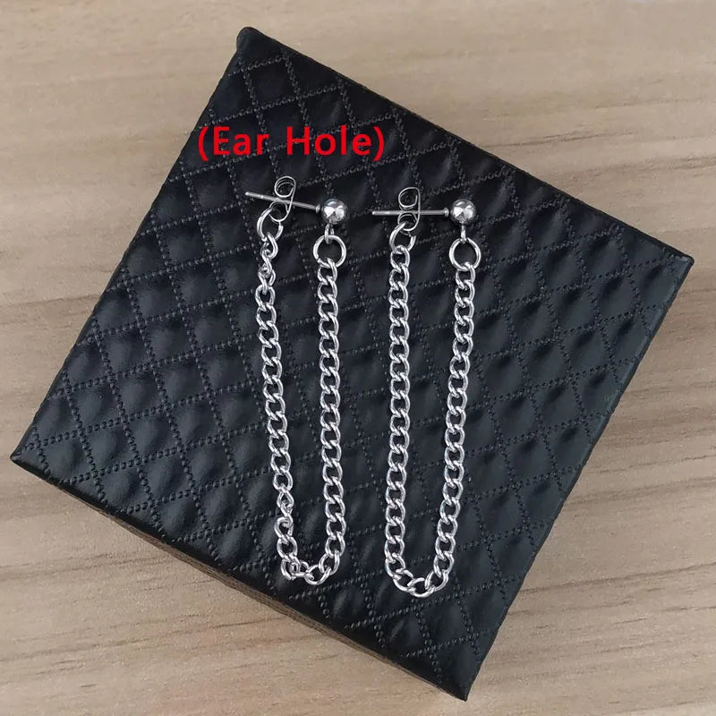 Men Punk Earrings Feather Tassel Long Chain Pendant Stainless Steel Stud Earring Trend Rock Hipster Ear Clip