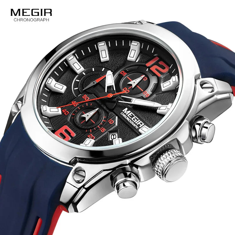 Megir Men's Chronograph Analog Quartz Watch With Date, Luminous Hands, Waterproof Silicone Rubber Strap Wristswatch for Man