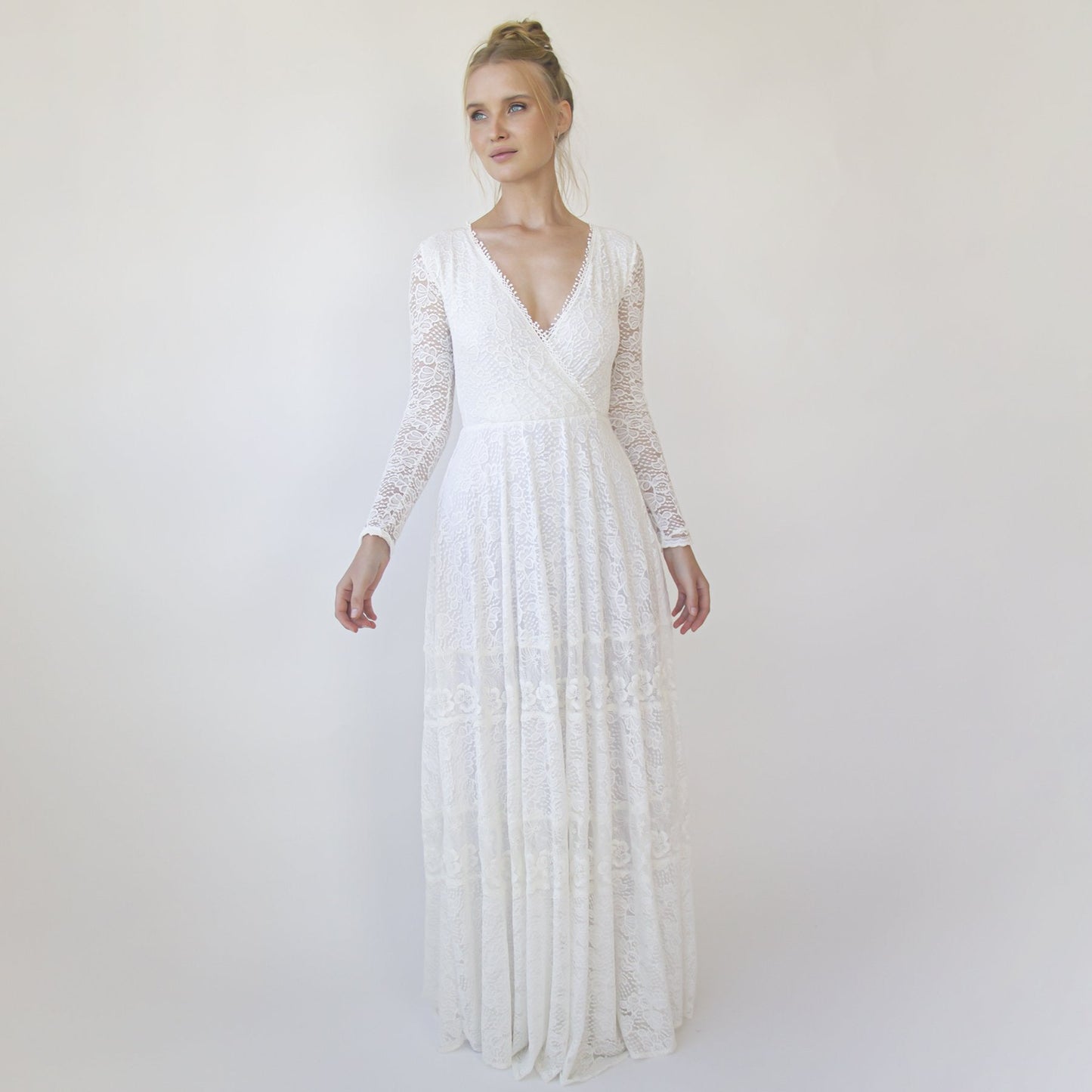 Bohemian Lace Wedding Dress Wrap Neckline With Fringes #1363