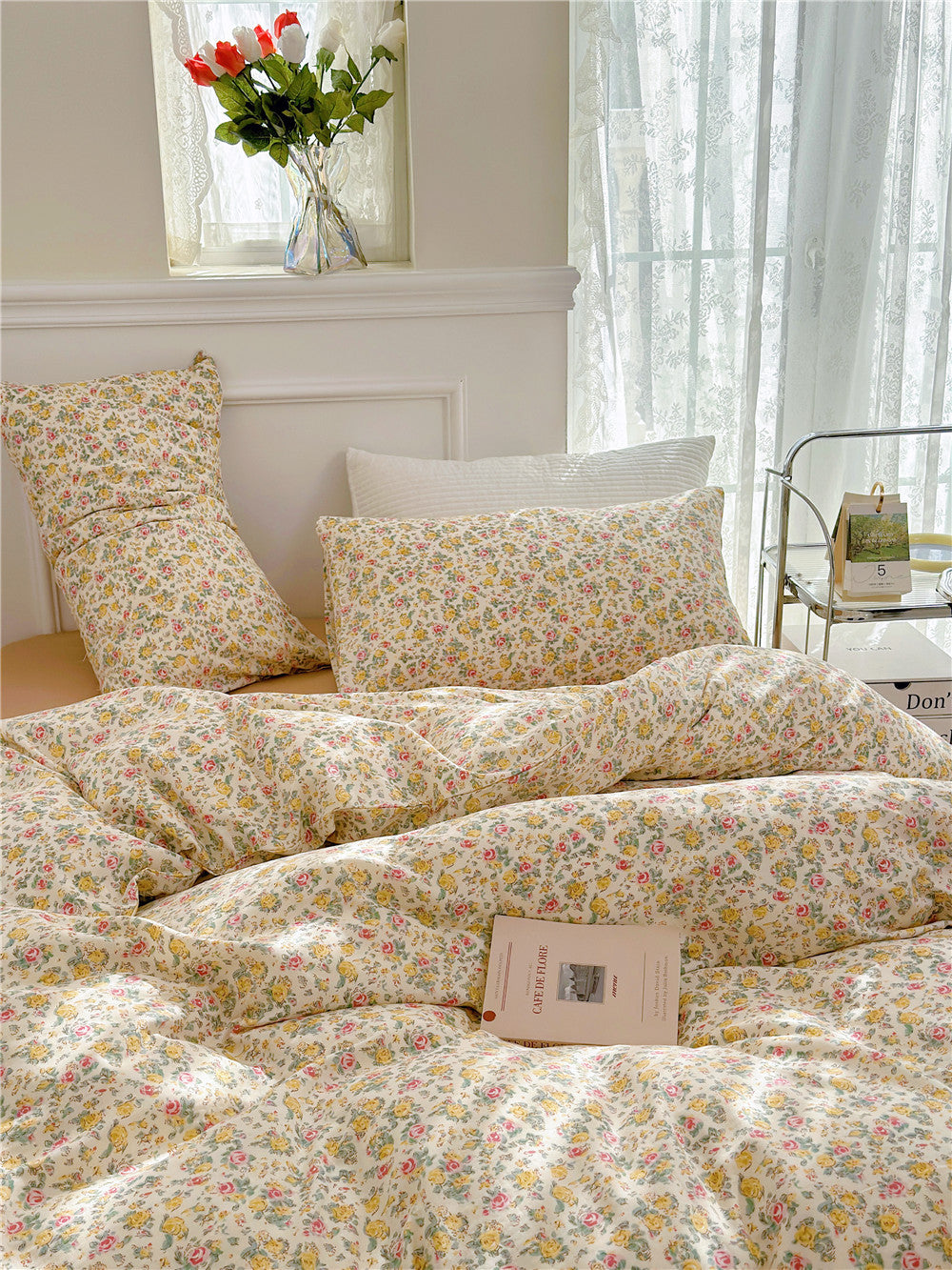 Double Layer Cotton Bedding Set Infant Class Softness Floral Design Duvet Cover Bed Sheet Pillowcases 4 Pieces Bedding Set