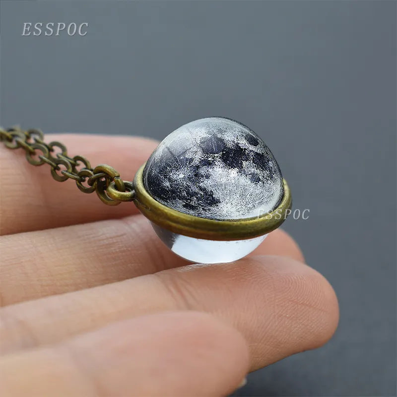 Full Moon Sphere Crystal Ball Glass Necklace Handmade Double Side Glass Ball Pendant Solar System Outer Space Astronomy Jewelry
