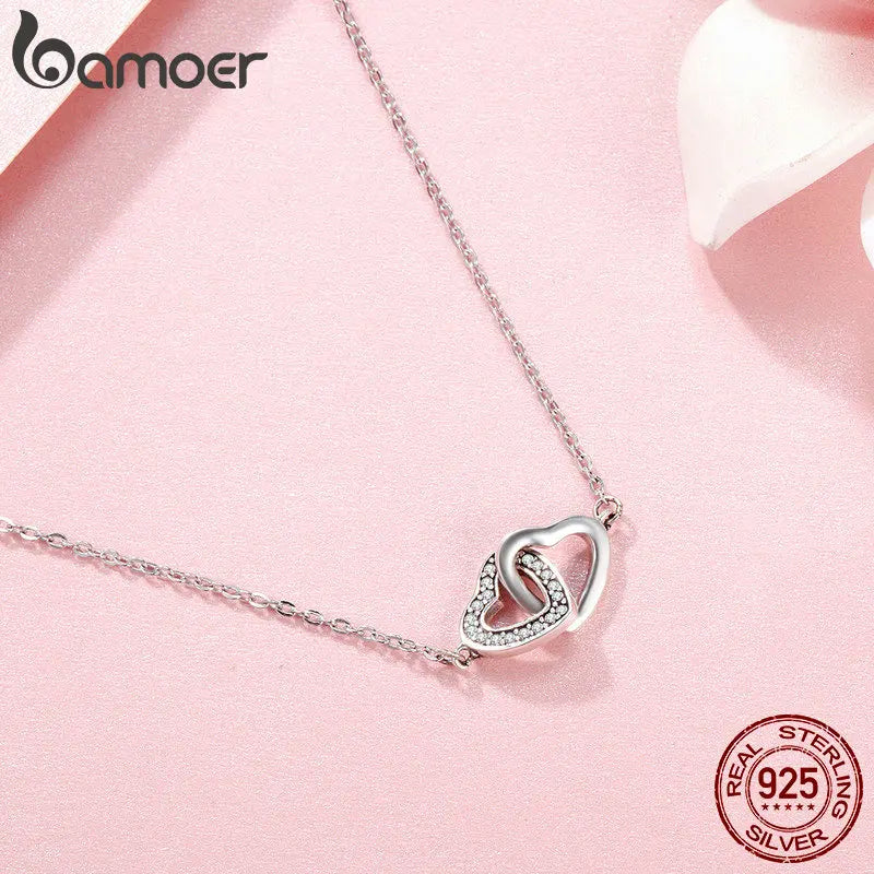 Bamoer 925 Sterling Silver Connected Heart Pendant Necklace for Girlfriend Valentine's Day Fine Jewelry SCN181