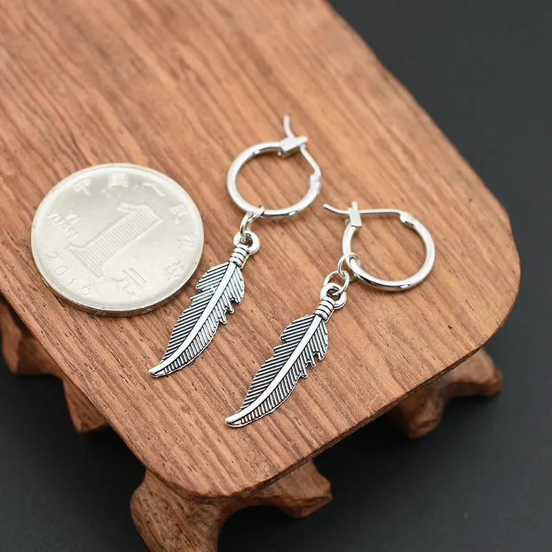 Men Punk Earrings Feather Tassel Long Chain Pendant Stainless Steel Stud Earring Trend Rock Hipster Ear Clip