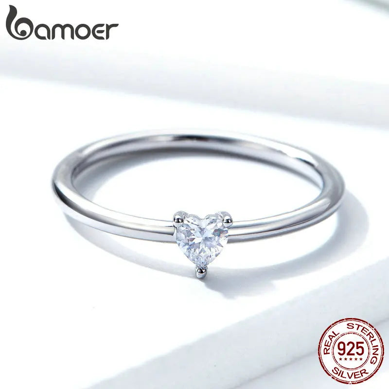 BAMOER 925 Sterling Silver Heart Clear CZ Simple Finger Rings for Women Engagement Wedding Statement Jewelry SCR498