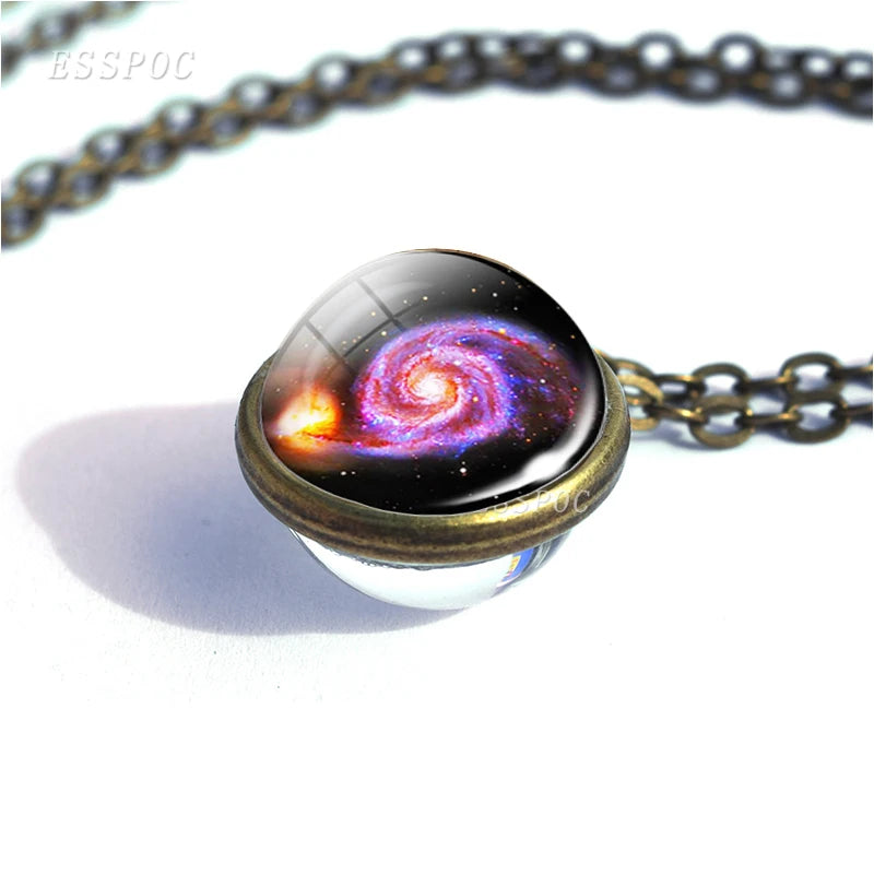 Full Moon Sphere Crystal Ball Glass Necklace Handmade Double Side Glass Ball Pendant Solar System Outer Space Astronomy Jewelry