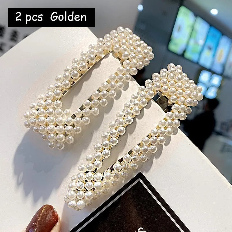 Korean Simulated Pearl Barrettes Beaded Geometric Women Hair Clip Hairgrips Hair Accessories Girls Jewelry Hair Pins