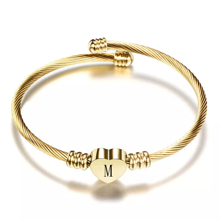 Girls Gold Color Stainless Steel Heart Bracelet Bangle With Letter Initial Alphabet Charms Bracelets for Women