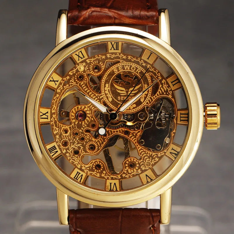 Casual New Fashion SEWOR Brand Skeleton Men Male Military Army Clock Classic Luxury Gold Mechanical Hand Wind Wrist Watch