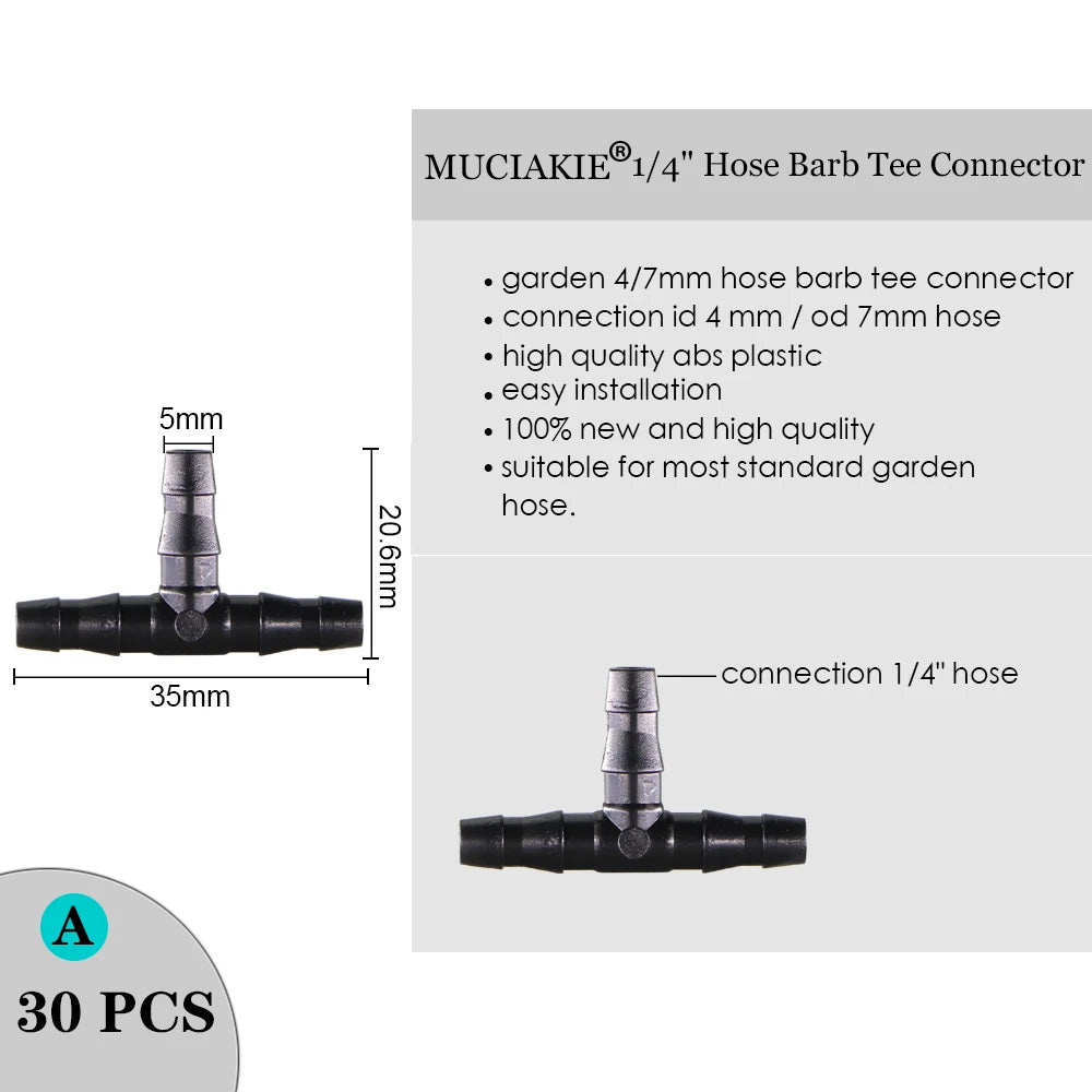 MUCIAKIE Sprinkler Irrigation 1/4 Inch Barb Tee Single Double Barb Barbed Water Pipe Connectors for 4/7mm Hose Garden Fitting